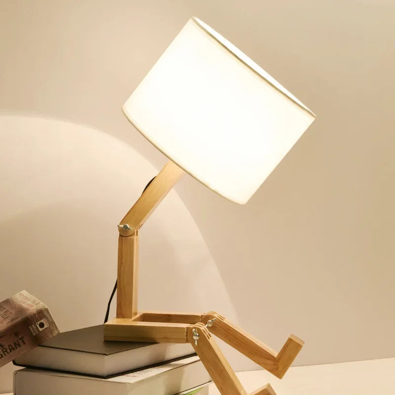 Adjustable Wooden Robot Table Lamp