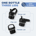 Camping & Hiking Hydration Canteens - 3 Lids (Narrow Straw Lid) Leak Proof Vacuum Insulated Stainless Steel - Hot & Cold Double Walled Sports Water Bottle - Midnight Black, 24 Oz