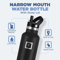 Camping & Hiking Hydration Canteens - 3 Lids (Narrow Straw Lid) Leak Proof Vacuum Insulated Stainless Steel - Hot & Cold Double Walled Sports Water Bottle - Midnight Black, 24 Oz