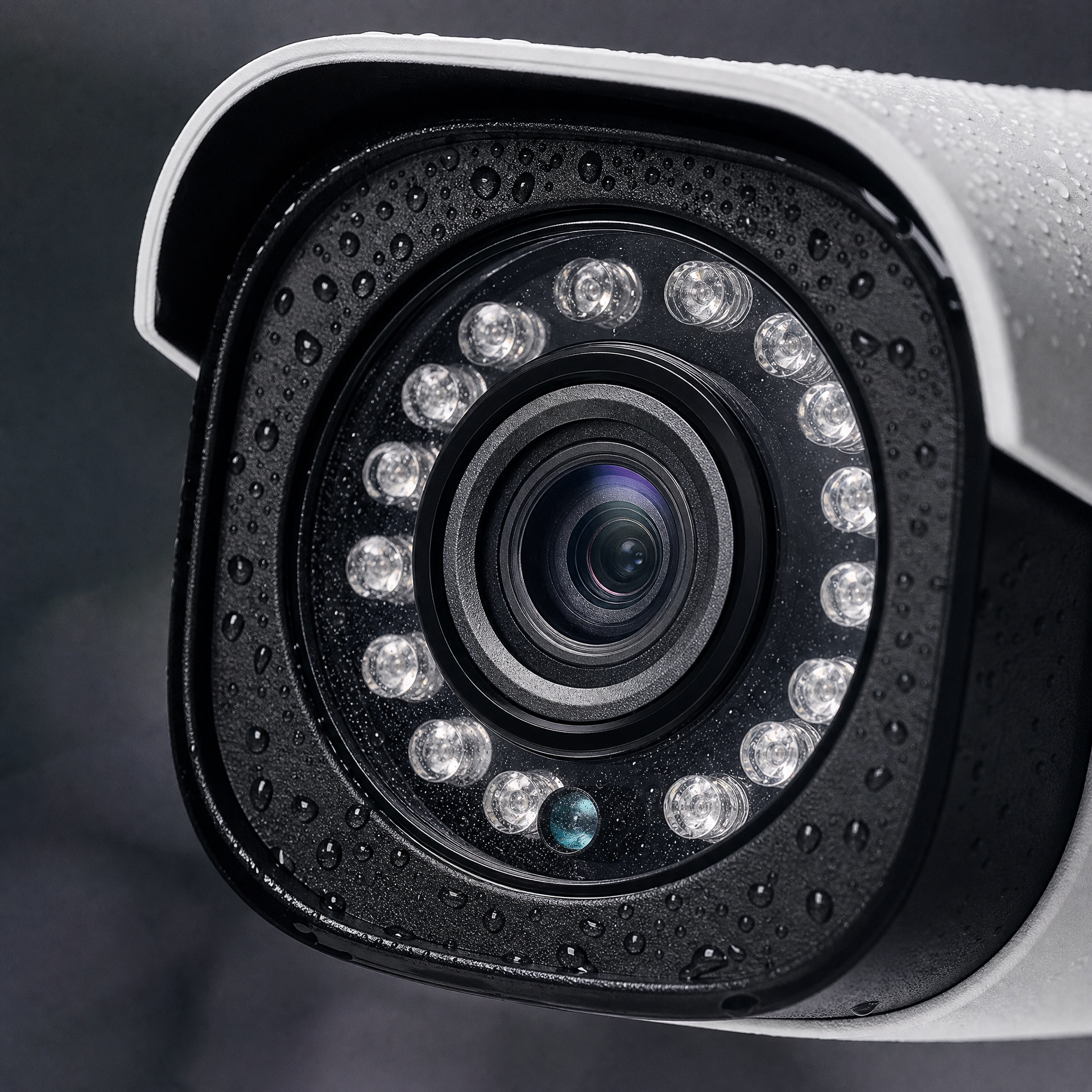 Close-up of a 1080P outdoor CCTV security camera lens with rain droplets, showcasing its clarity and night vision capabilities.