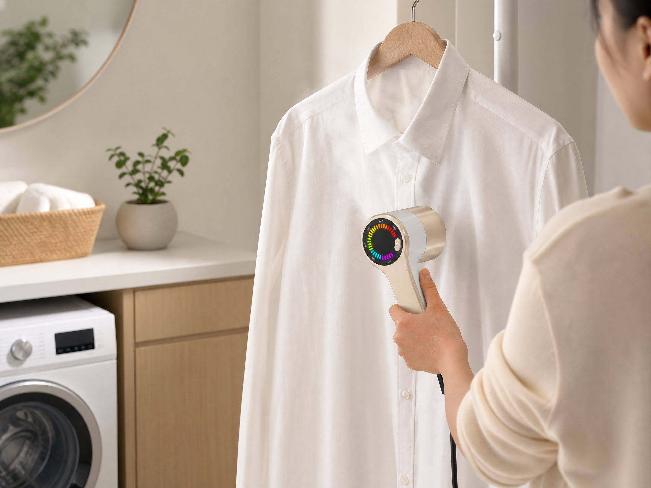 Portable mini clothes steamer being used on a white shirt in a home setting, highlighting its convenience and practicality.