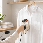 User using portable mini clothes steamer on a white shirt in a bright kitchen setting.